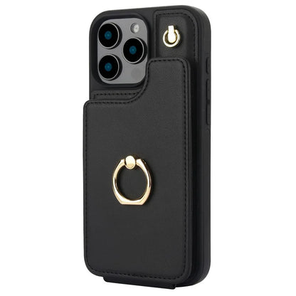 For iPhone 16 Pro Case Card Holder Kickstand PU+TPU Phone Cover with Shoulder Strap