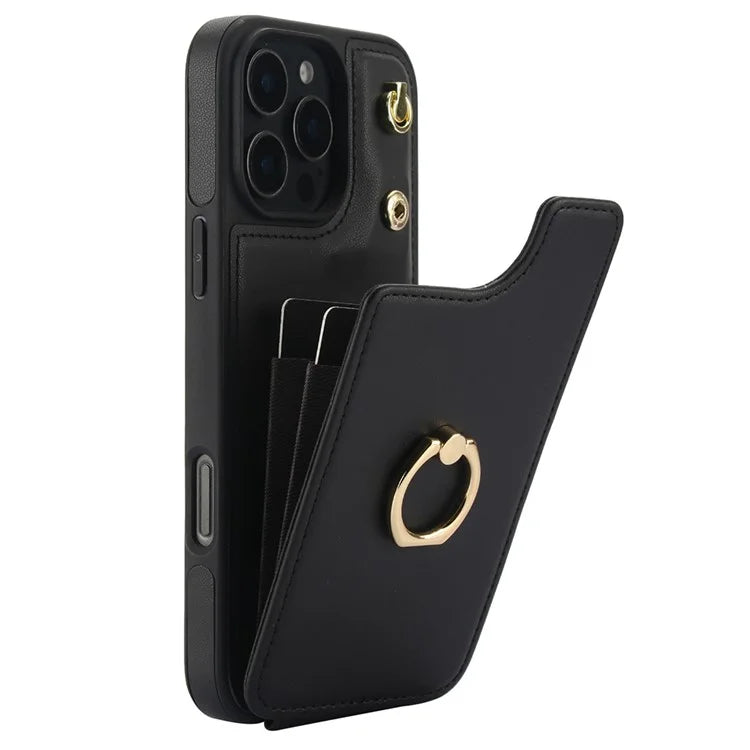 For iPhone 16 Pro Case Card Holder Kickstand PU+TPU Phone Cover with Shoulder Strap