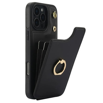 For iPhone 16 Pro Case Card Holder Kickstand PU+TPU Phone Cover with Shoulder Strap
