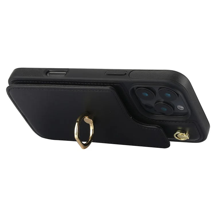 For iPhone 16 Pro Case Card Holder Kickstand PU+TPU Phone Cover with Shoulder Strap