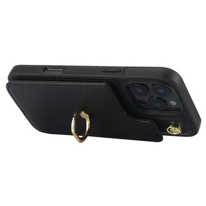 For iPhone 16 Pro Case Card Holder Kickstand PU+TPU Phone Cover with Shoulder Strap