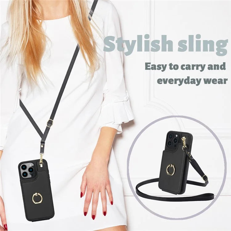 For iPhone 16 Pro Case Card Holder Kickstand PU+TPU Phone Cover with Shoulder Strap