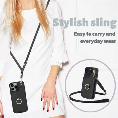For iPhone 16 Pro Case Card Holder Kickstand PU+TPU Phone Cover with Shoulder Strap