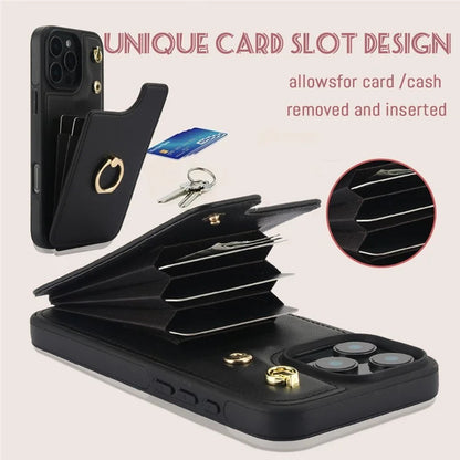 For iPhone 16 Pro Case Card Holder Kickstand PU+TPU Phone Cover with Shoulder Strap