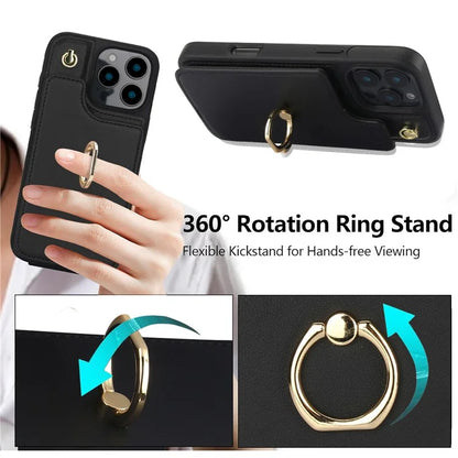 For iPhone 16 Pro Case Card Holder Kickstand PU+TPU Phone Cover with Shoulder Strap