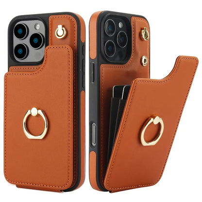 For iPhone 16 Pro Case Card Holder Kickstand PU+TPU Phone Cover with Shoulder Strap