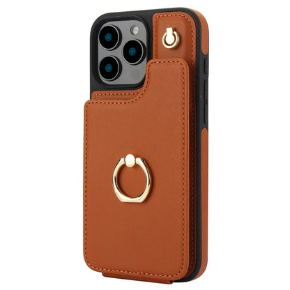 For iPhone 16 Pro Case Card Holder Kickstand PU+TPU Phone Cover with Shoulder Strap