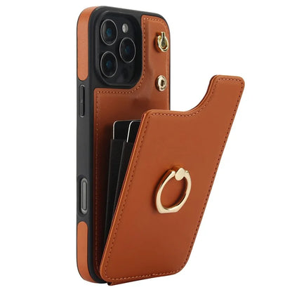 For iPhone 16 Pro Case Card Holder Kickstand PU+TPU Phone Cover with Shoulder Strap