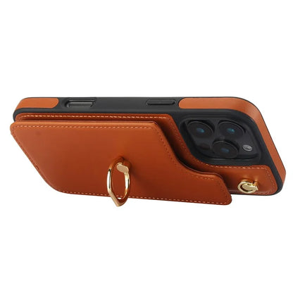 For iPhone 16 Pro Case Card Holder Kickstand PU+TPU Phone Cover with Shoulder Strap