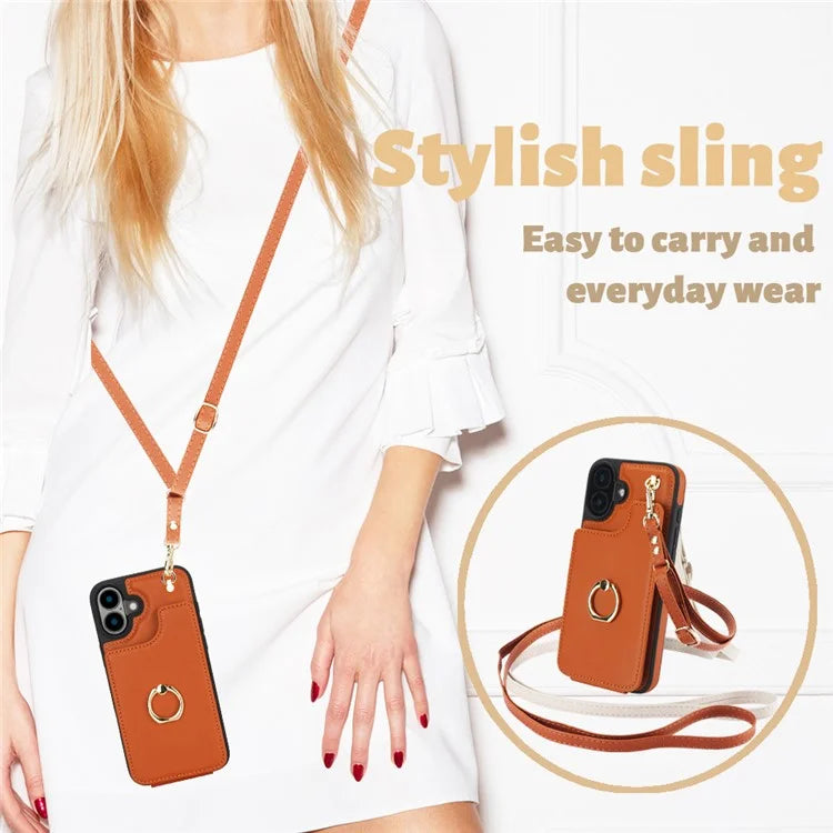 For iPhone 16 Pro Case Card Holder Kickstand PU+TPU Phone Cover with Shoulder Strap