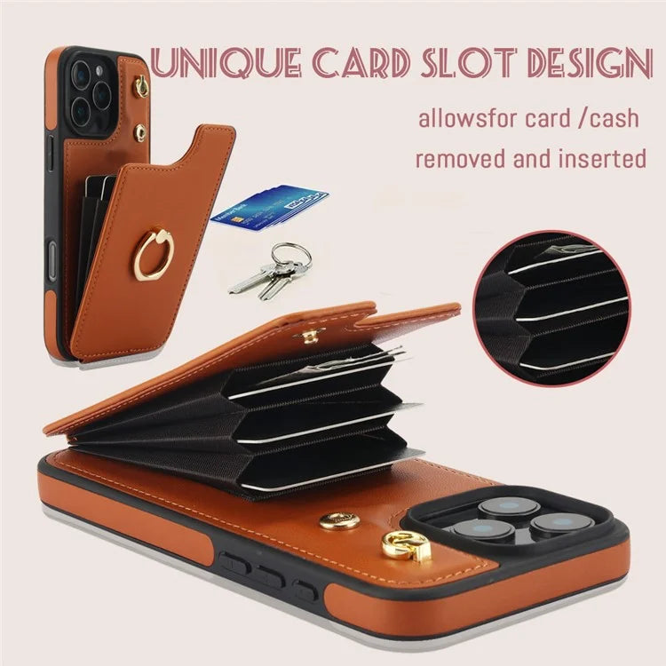 For iPhone 16 Pro Case Card Holder Kickstand PU+TPU Phone Cover with Shoulder Strap