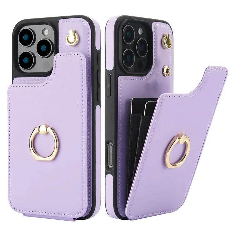 For iPhone 16 Pro Case Card Holder Kickstand PU+TPU Phone Cover with Shoulder Strap