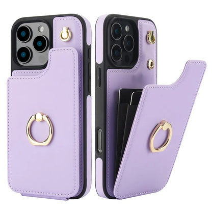 For iPhone 16 Pro Case Card Holder Kickstand PU+TPU Phone Cover with Shoulder Strap