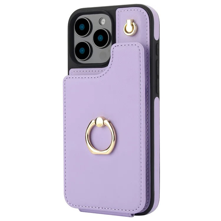 For iPhone 16 Pro Case Card Holder Kickstand PU+TPU Phone Cover with Shoulder Strap