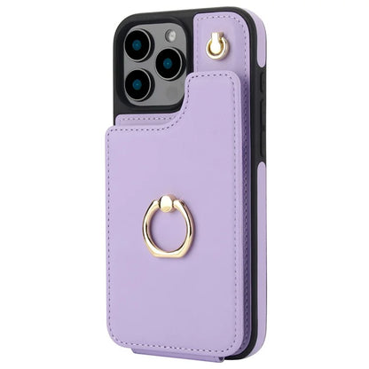 For iPhone 16 Pro Case Card Holder Kickstand PU+TPU Phone Cover with Shoulder Strap