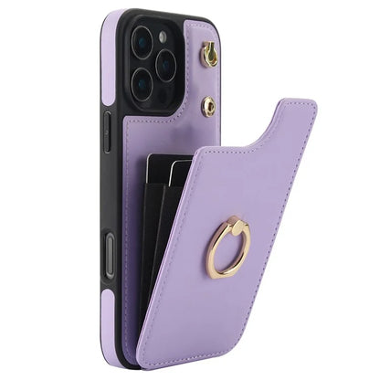 For iPhone 16 Pro Case Card Holder Kickstand PU+TPU Phone Cover with Shoulder Strap