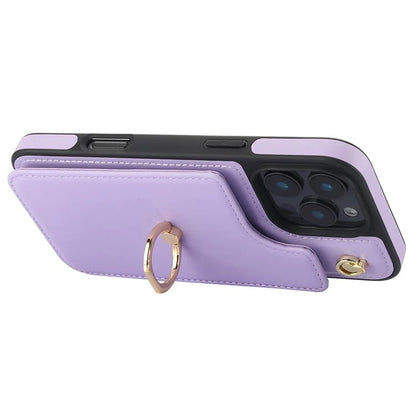 For iPhone 16 Pro Case Card Holder Kickstand PU+TPU Phone Cover with Shoulder Strap