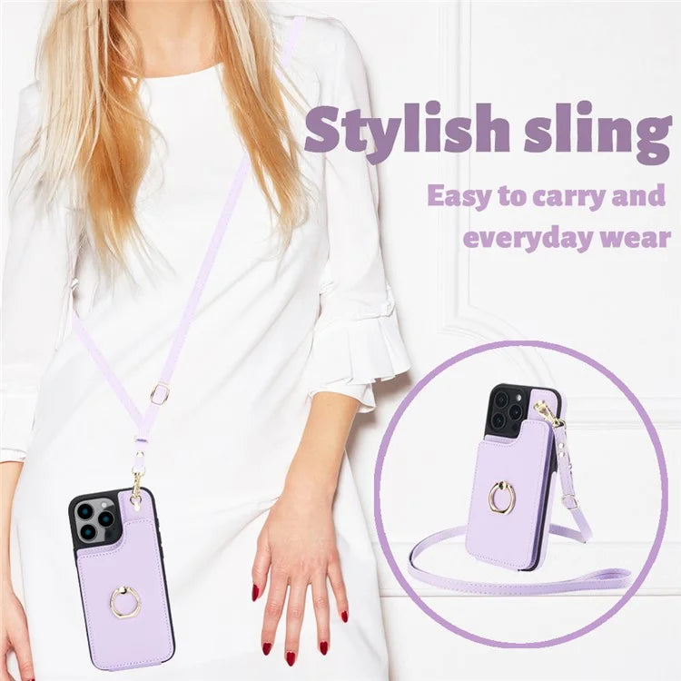 For iPhone 16 Pro Case Card Holder Kickstand PU+TPU Phone Cover with Shoulder Strap