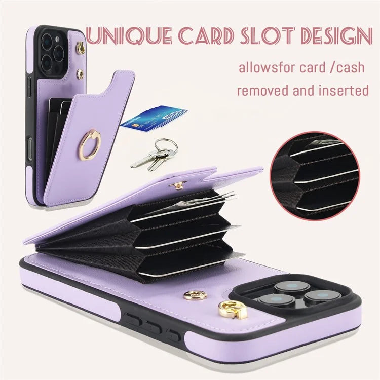 For iPhone 16 Pro Case Card Holder Kickstand PU+TPU Phone Cover with Shoulder Strap