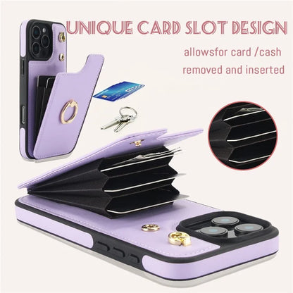 For iPhone 16 Pro Case Card Holder Kickstand PU+TPU Phone Cover with Shoulder Strap