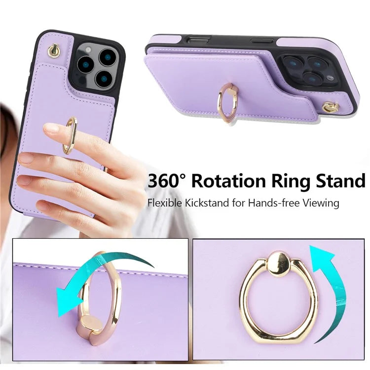 For iPhone 16 Pro Case Card Holder Kickstand PU+TPU Phone Cover with Shoulder Strap