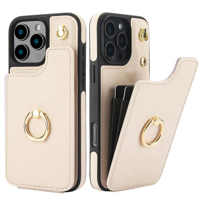 For iPhone 16 Pro Case Card Holder Kickstand PU+TPU Phone Cover with Shoulder Strap