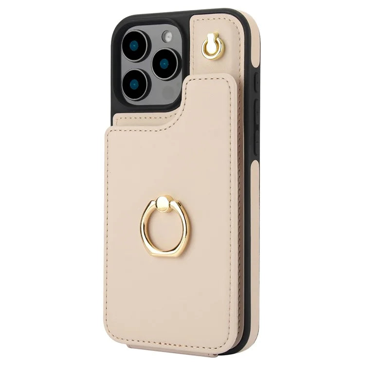 For iPhone 16 Pro Case Card Holder Kickstand PU+TPU Phone Cover with Shoulder Strap
