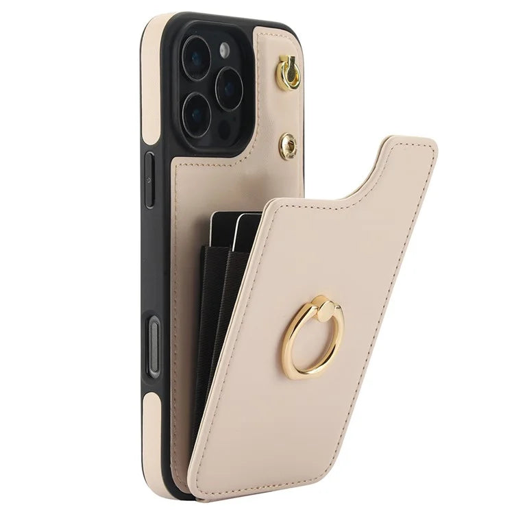 For iPhone 16 Pro Case Card Holder Kickstand PU+TPU Phone Cover with Shoulder Strap