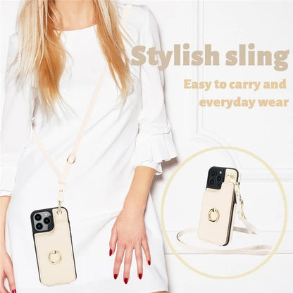 For iPhone 16 Pro Case Card Holder Kickstand PU+TPU Phone Cover with Shoulder Strap