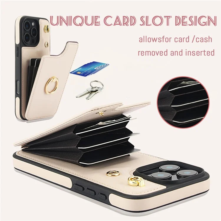 For iPhone 16 Pro Case Card Holder Kickstand PU+TPU Phone Cover with Shoulder Strap