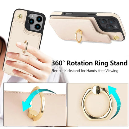 For iPhone 16 Pro Case Card Holder Kickstand PU+TPU Phone Cover with Shoulder Strap