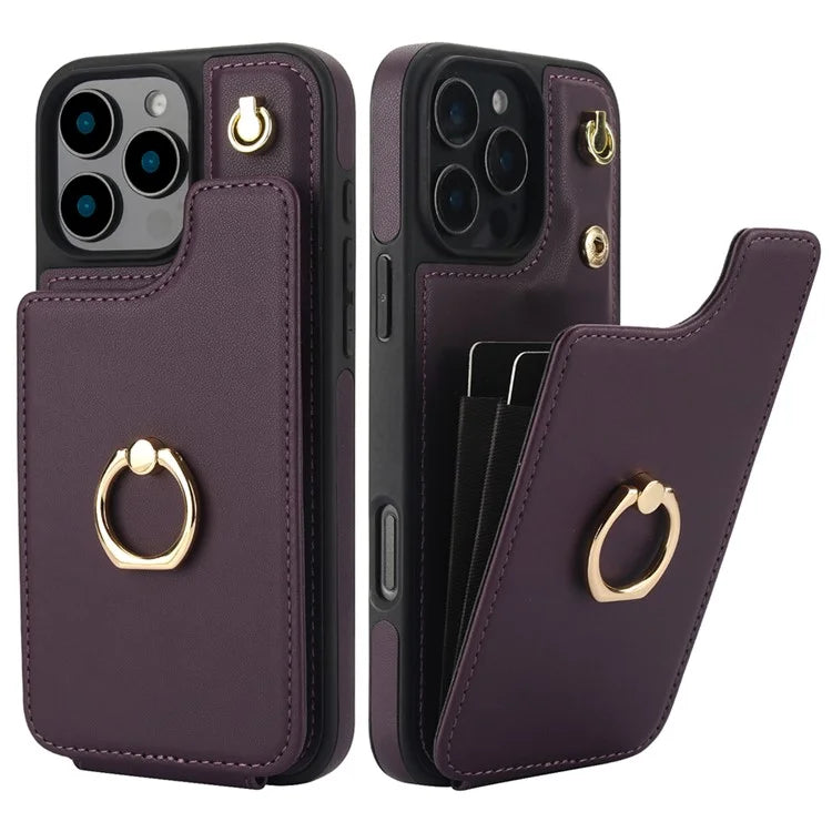 For iPhone 16 Pro Case Card Holder Kickstand PU+TPU Phone Cover with Shoulder Strap