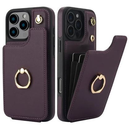 For iPhone 16 Pro Case Card Holder Kickstand PU+TPU Phone Cover with Shoulder Strap
