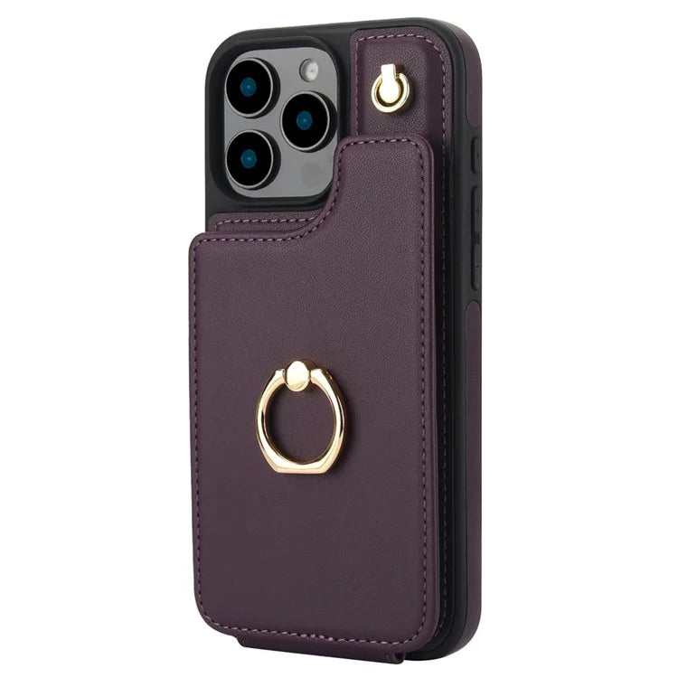 For iPhone 16 Pro Case Card Holder Kickstand PU+TPU Phone Cover with Shoulder Strap