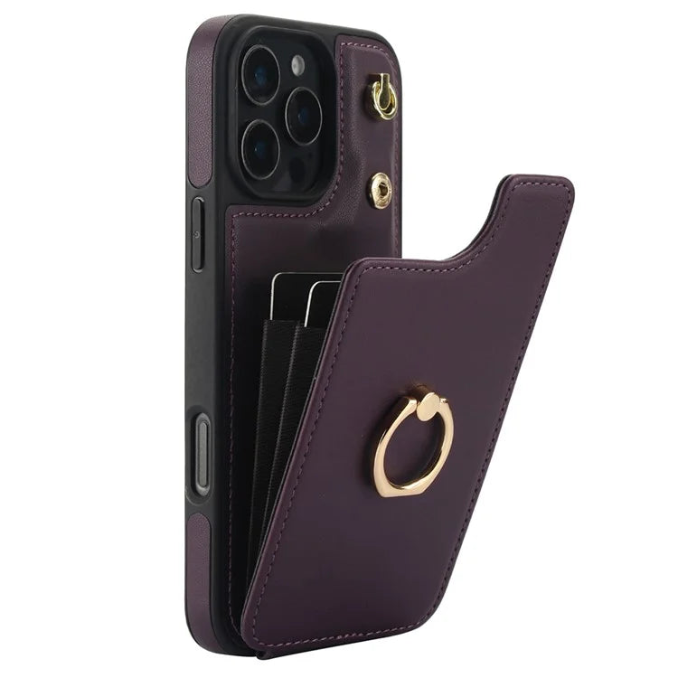For iPhone 16 Pro Case Card Holder Kickstand PU+TPU Phone Cover with Shoulder Strap
