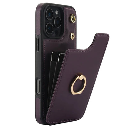 For iPhone 16 Pro Case Card Holder Kickstand PU+TPU Phone Cover with Shoulder Strap