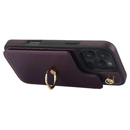For iPhone 16 Pro Case Card Holder Kickstand PU+TPU Phone Cover with Shoulder Strap