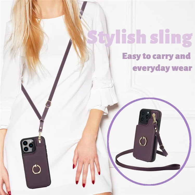 For iPhone 16 Pro Case Card Holder Kickstand PU+TPU Phone Cover with Shoulder Strap