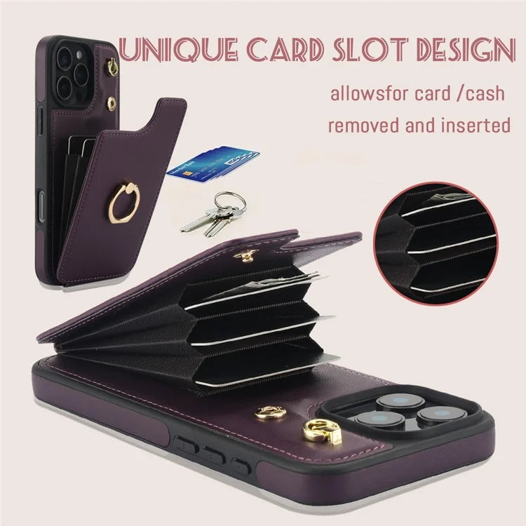 For iPhone 16 Pro Case Card Holder Kickstand PU+TPU Phone Cover with Shoulder Strap