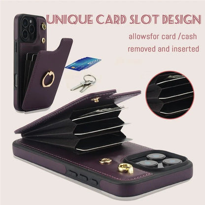 For iPhone 16 Pro Case Card Holder Kickstand PU+TPU Phone Cover with Shoulder Strap