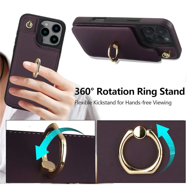 For iPhone 16 Pro Case Card Holder Kickstand PU+TPU Phone Cover with Shoulder Strap