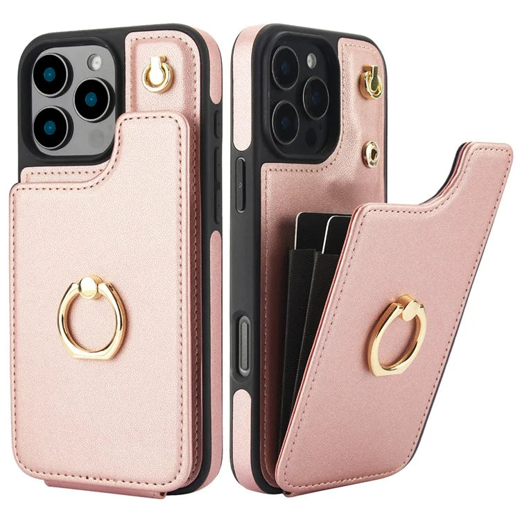 For iPhone 16 Pro Case Card Holder Kickstand PU+TPU Phone Cover with Shoulder Strap