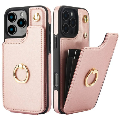 For iPhone 16 Pro Case Card Holder Kickstand PU+TPU Phone Cover with Shoulder Strap