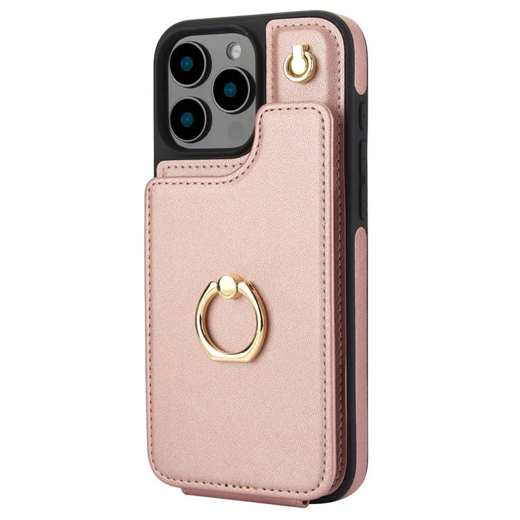 For iPhone 16 Pro Case Card Holder Kickstand PU+TPU Phone Cover with Shoulder Strap