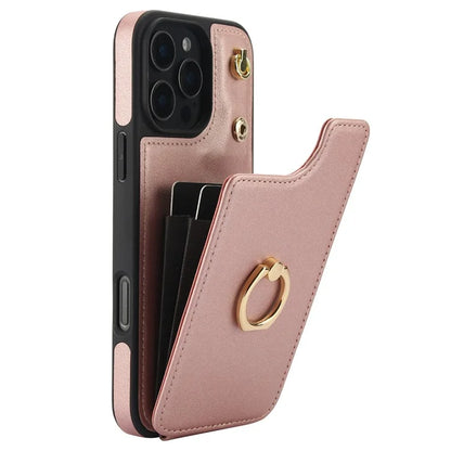 For iPhone 16 Pro Case Card Holder Kickstand PU+TPU Phone Cover with Shoulder Strap