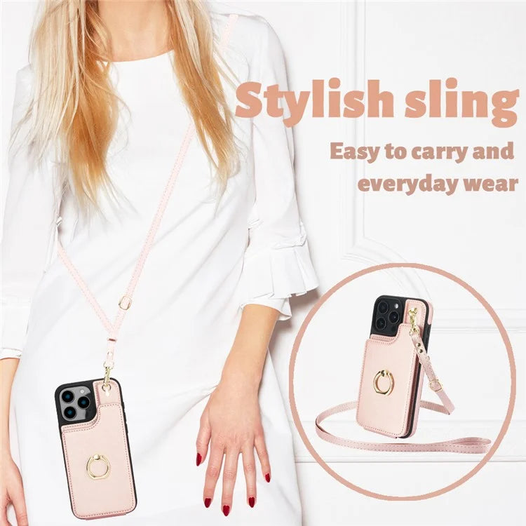 For iPhone 16 Pro Case Card Holder Kickstand PU+TPU Phone Cover with Shoulder Strap