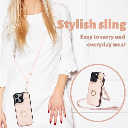 For iPhone 16 Pro Case Card Holder Kickstand PU+TPU Phone Cover with Shoulder Strap