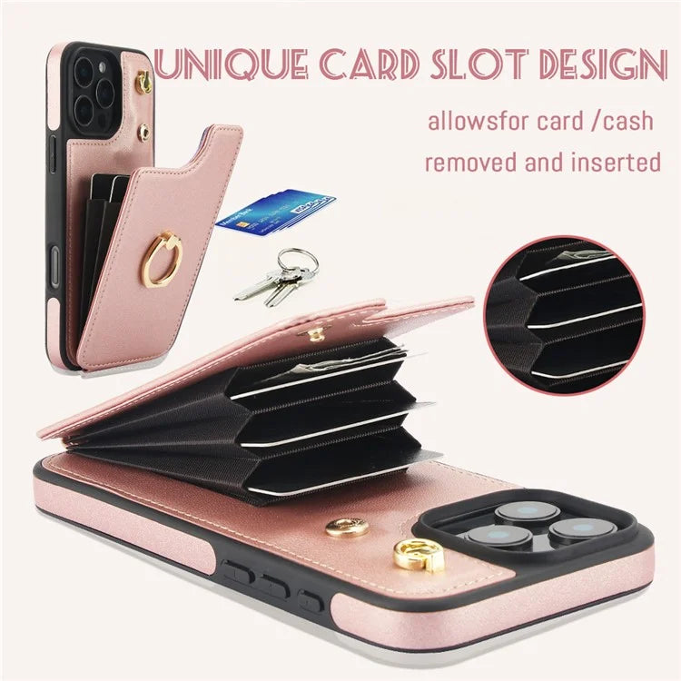 For iPhone 16 Pro Case Card Holder Kickstand PU+TPU Phone Cover with Shoulder Strap