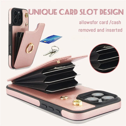 For iPhone 16 Pro Case Card Holder Kickstand PU+TPU Phone Cover with Shoulder Strap