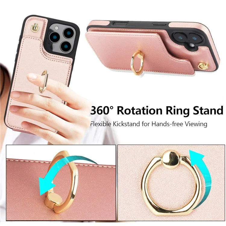 For iPhone 16 Pro Case Card Holder Kickstand PU+TPU Phone Cover with Shoulder Strap